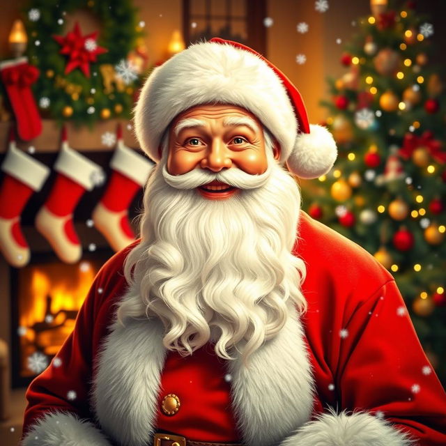 A jolly Santa Claus with a long white beard, wearing a classic red and white suit