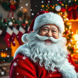 A jolly Santa Claus with a long white beard, wearing a classic red and white suit