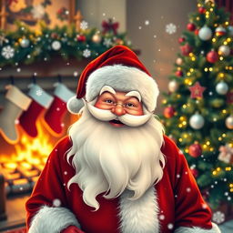A jolly Santa Claus with a long white beard, wearing a classic red and white suit