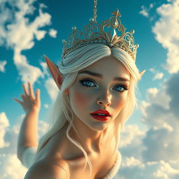 A stunning sexy blonde elf princess adorned with an elegant tiara, featuring captivating blue eyes and striking red lips, gracefully falling from the sky