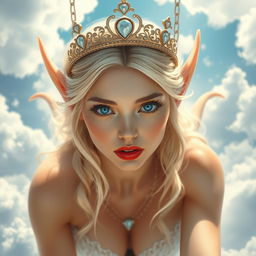 A stunning sexy blonde elf princess adorned with an elegant tiara, featuring captivating blue eyes and striking red lips, gracefully falling from the sky