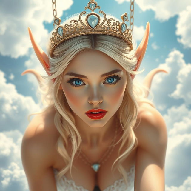 A stunning sexy blonde elf princess adorned with an elegant tiara, featuring captivating blue eyes and striking red lips, gracefully falling from the sky