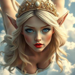 A stunning sexy blonde elf princess adorned with an elegant tiara, featuring captivating blue eyes and striking red lips, gracefully falling from the sky