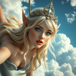 A stunning sexy blonde elf princess adorned with an elegant tiara, featuring captivating blue eyes and striking red lips, gracefully falling from the sky