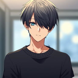 A male anime character with emo hairstyle covering his eyes, featuring hair in color #5831c0