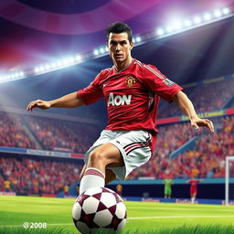 A highly stylized digital artwork of a professional soccer player resembling Cristiano Ronaldo in 2008