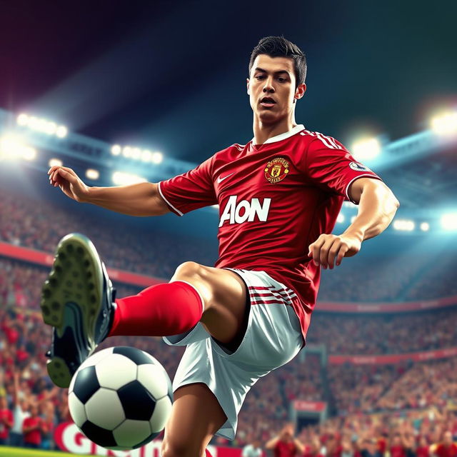 A highly stylized digital artwork of a professional soccer player resembling Cristiano Ronaldo in 2008