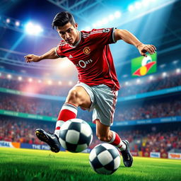 A highly stylized digital artwork of a professional soccer player resembling Cristiano Ronaldo in 2008