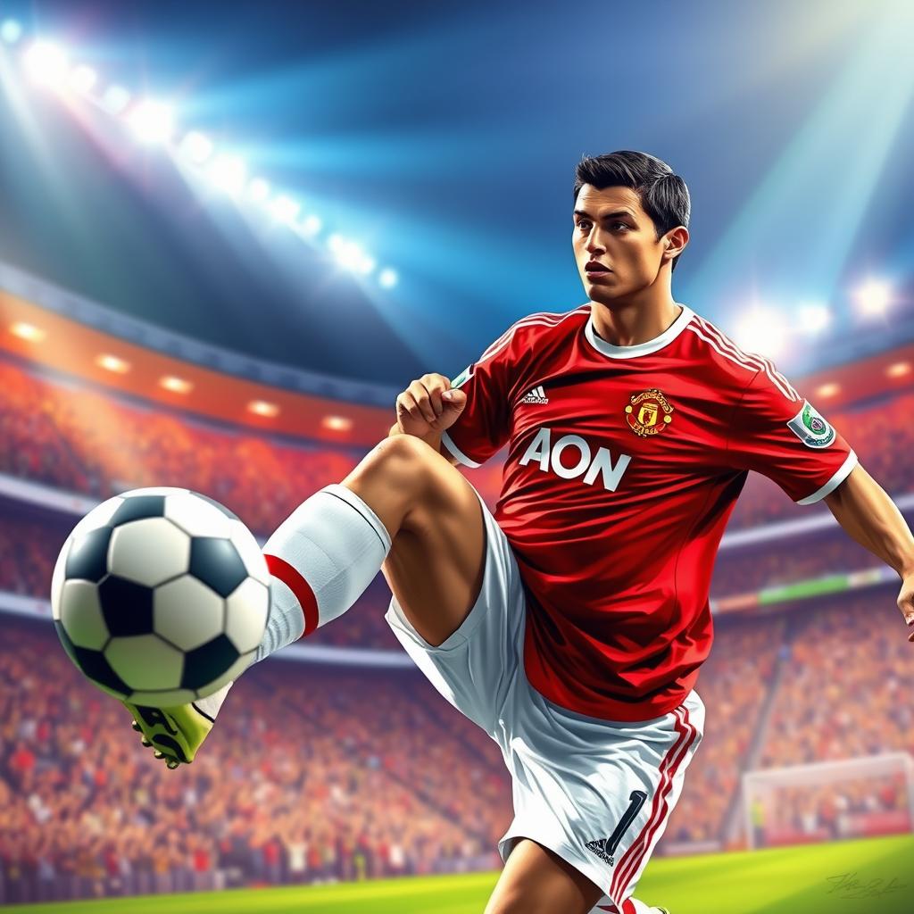 A highly stylized digital artwork of a professional soccer player resembling Cristiano Ronaldo in 2008