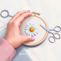 A digital painting of a hand embroidering a daisy flower on fabric