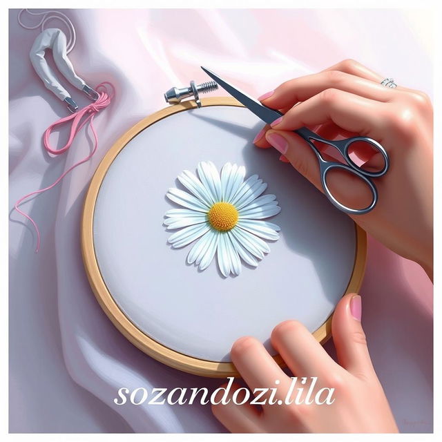 A digital painting of a hand embroidering a daisy flower on fabric