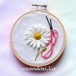 A beautifully crafted embroidery hoop featuring a delicate depiction of a daisy flower, surrounded by pastel colors that evoke a soft and serene atmosphere