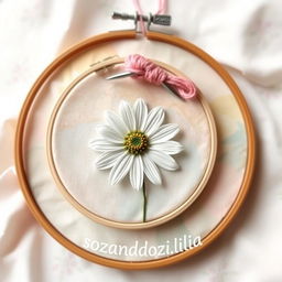 A beautifully crafted embroidery hoop featuring a delicate depiction of a daisy flower, surrounded by pastel colors that evoke a soft and serene atmosphere