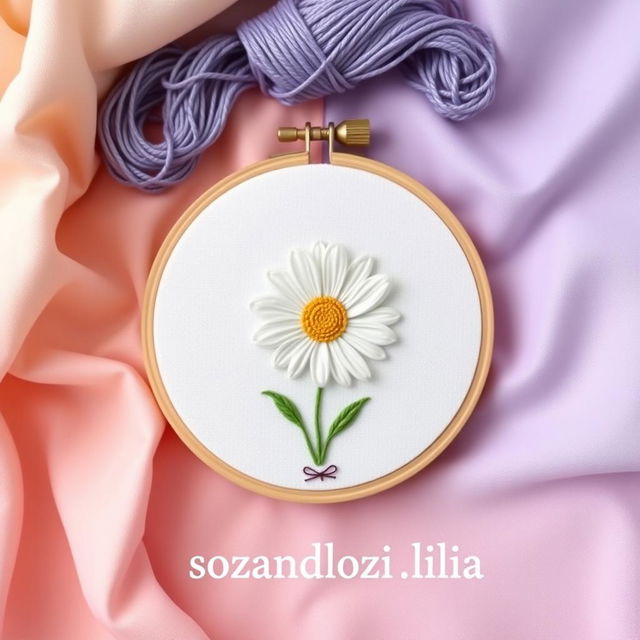 A beautifully crafted embroidery hoop featuring a delicate depiction of a daisy flower, surrounded by pastel colors that evoke a soft and serene atmosphere