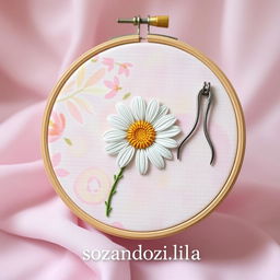 A beautifully crafted embroidery hoop featuring a delicate depiction of a daisy flower, surrounded by pastel colors that evoke a soft and serene atmosphere