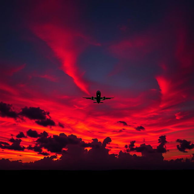 A stunning night scene featuring a vibrant red sky illuminated by the hues of twilight, with a plane ascending into the distance