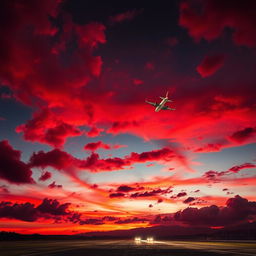 A stunning night scene featuring a vibrant red sky illuminated by the hues of twilight, with a plane ascending into the distance