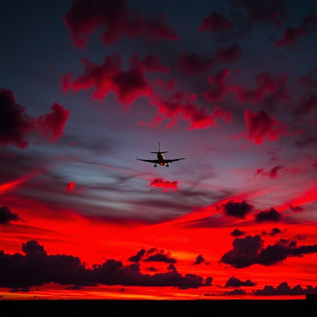 A stunning night scene featuring a vibrant red sky illuminated by the hues of twilight, with a plane ascending into the distance