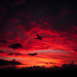A stunning night scene featuring a vibrant red sky illuminated by the hues of twilight, with a plane ascending into the distance