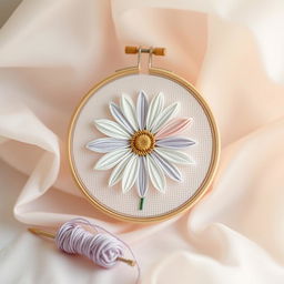 An artistic image of a delicate embroidery hoop displaying a beautifully crafted daisy flower in soft pastel colors, featuring light pink, lavender, and pale yellow tones, stitched with fine thread
