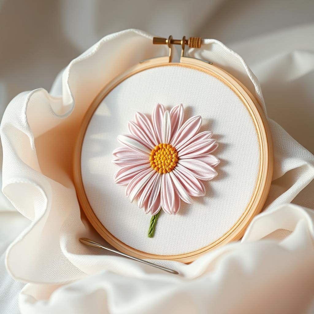 An artistic image of a delicate embroidery hoop displaying a beautifully crafted daisy flower in soft pastel colors, featuring light pink, lavender, and pale yellow tones, stitched with fine thread