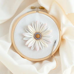 An artistic image of a delicate embroidery hoop displaying a beautifully crafted daisy flower in soft pastel colors, featuring light pink, lavender, and pale yellow tones, stitched with fine thread