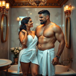 An enticing photoshoot capturing a hot couple in a luxurious bathroom