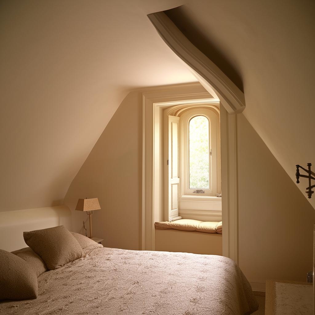 A classical bedroom located in an oddly shaped room with a single small window allowing natural light to filter in.