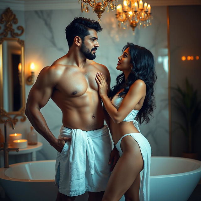 An enticing photoshoot capturing a hot couple in a luxurious bathroom