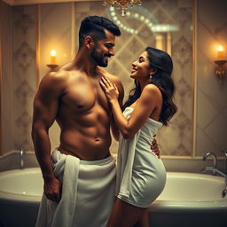 An enticing photoshoot capturing a hot couple in a luxurious bathroom