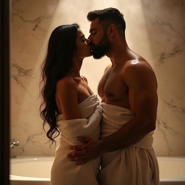 A romantic and intimate couples photoshoot featuring a 25-year-old Indian woman and a 40-year-old muscular hairy man making out while wrapped in a single towel