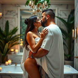 A steamy couples photoshoot featuring a 25-year-old Indian woman and a 40-year-old muscular hairy man passionately making out while wrapped in a single towel