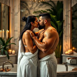 A steamy couples photoshoot featuring a 25-year-old Indian woman and a 40-year-old muscular hairy man passionately making out while wrapped in a single towel