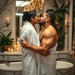 A steamy couples photoshoot featuring a 25-year-old Indian woman and a 40-year-old muscular hairy man passionately making out while wrapped in a single towel