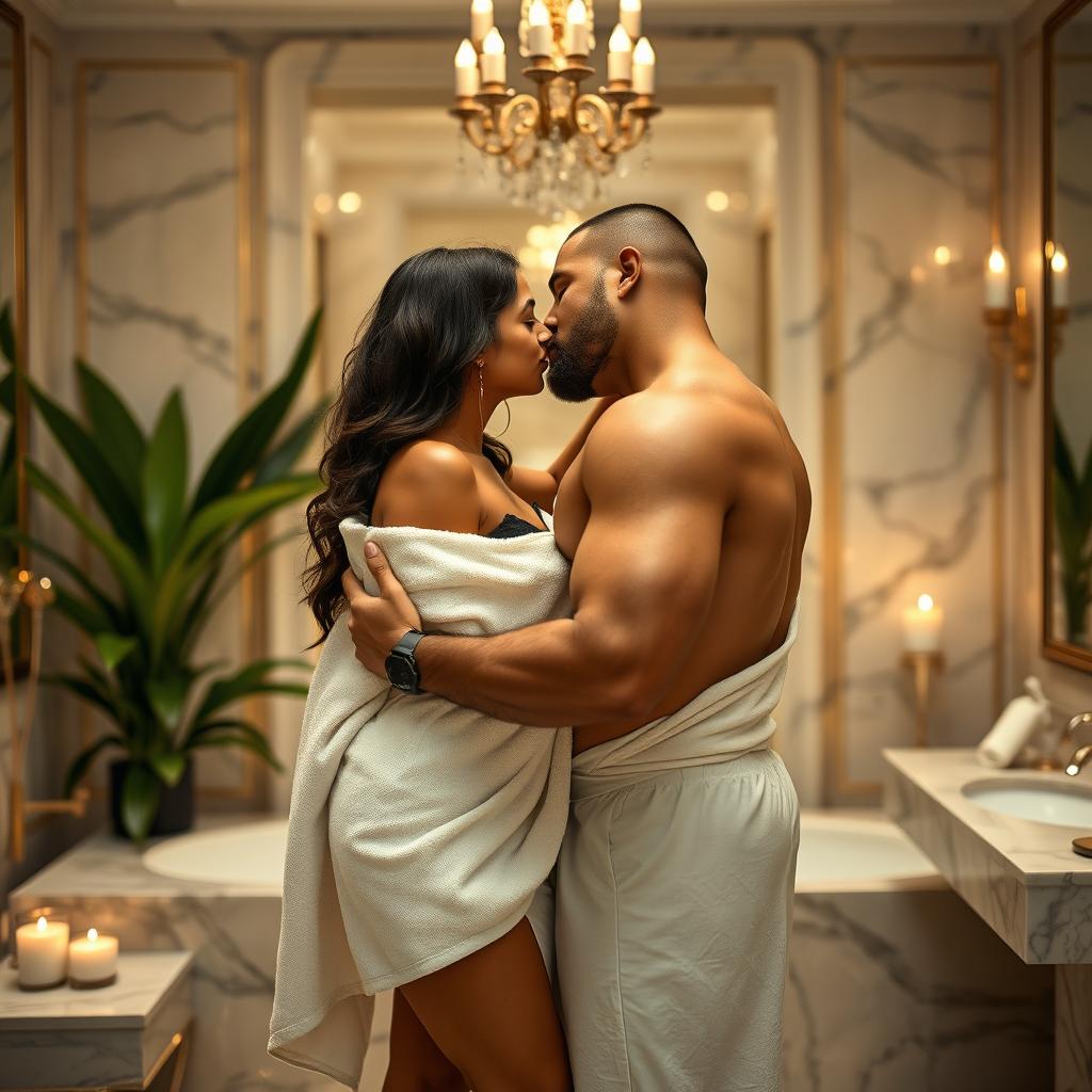 A steamy couples photoshoot featuring a 25-year-old Indian woman and a 40-year-old muscular hairy man passionately making out while wrapped in a single towel