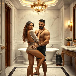 A sultry couples photoshoot showcasing a 25-year-old Arab woman in a transparent short shirt and a see-through miniskirt, playfully posed while being held by a 40-year-old muscular hairy man