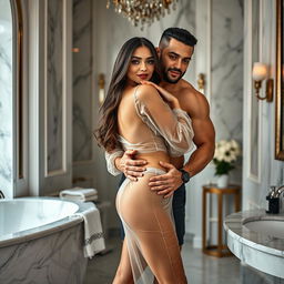 A sultry couples photoshoot showcasing a 25-year-old Arab woman in a transparent short shirt and a see-through miniskirt, playfully posed while being held by a 40-year-old muscular hairy man