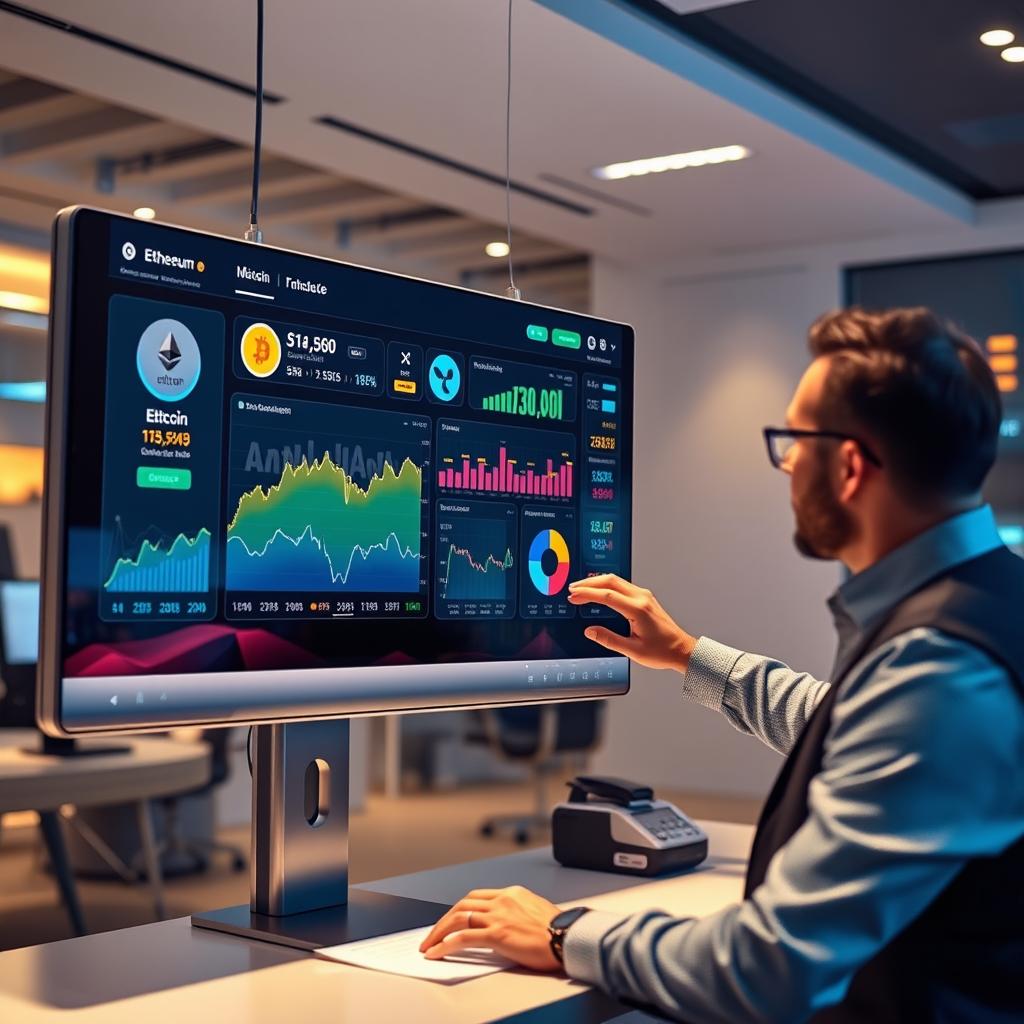 A futuristic digital money transaction dashboard displayed on a sleek, high-tech screen, showcasing various cryptocurrencies like Bitcoin, Ethereum, and Ripple