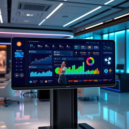 A futuristic digital money transaction dashboard displayed on a sleek, high-tech screen, showcasing various cryptocurrencies like Bitcoin, Ethereum, and Ripple