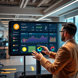 A futuristic digital money transaction dashboard displayed on a sleek, high-tech screen, showcasing various cryptocurrencies like Bitcoin, Ethereum, and Ripple
