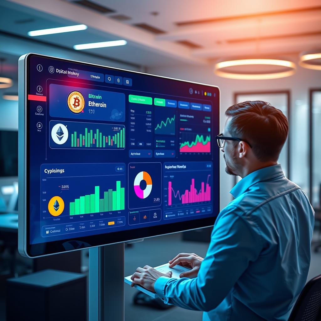 A futuristic digital money transaction dashboard displayed on a sleek, high-tech screen, showcasing various cryptocurrencies like Bitcoin, Ethereum, and Ripple