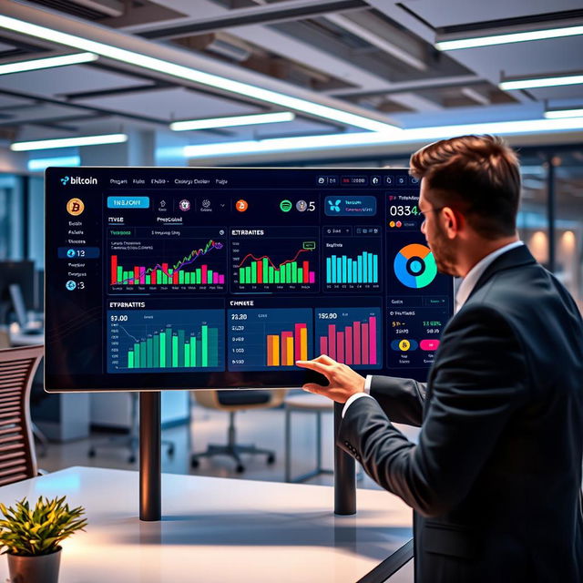 A futuristic digital money transaction dashboard displayed on a sleek, high-tech screen, showcasing various cryptocurrencies like Bitcoin, Ethereum, and Ripple