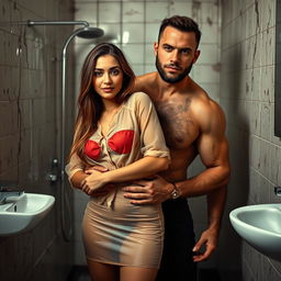 A hot couple photoshoot featuring a 25-year-old Arab woman wearing a transparent short shirt and a see-through miniskirt, standing confidently in a dirty bathroom