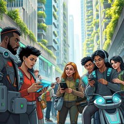A futuristic cityscape in 2024, featuring a diverse group of young Homo sapiens interacting with advanced technology