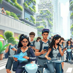 A futuristic cityscape in 2024, featuring a diverse group of young Homo sapiens interacting with advanced technology