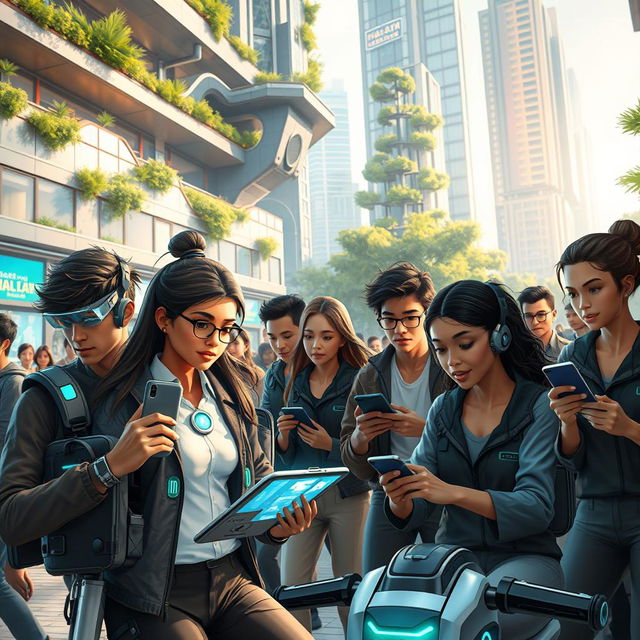 A futuristic cityscape in 2024, featuring a diverse group of young Homo sapiens interacting with advanced technology