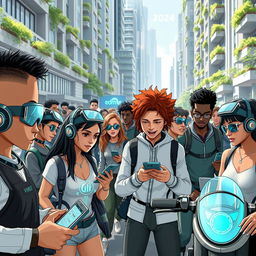 A futuristic cityscape in 2024, featuring a diverse group of young Homo sapiens interacting with advanced technology