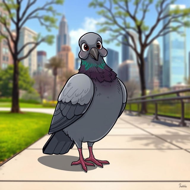 A cartoon-style pigeon with unusually large, rounded buttocks and webbed feet, perched on a city sidewalk