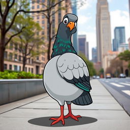 A cartoon-style pigeon with unusually large, rounded buttocks and webbed feet, perched on a city sidewalk