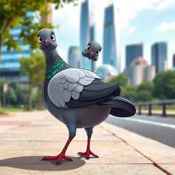 A cartoon-style pigeon with unusually large, rounded buttocks and webbed feet, perched on a city sidewalk